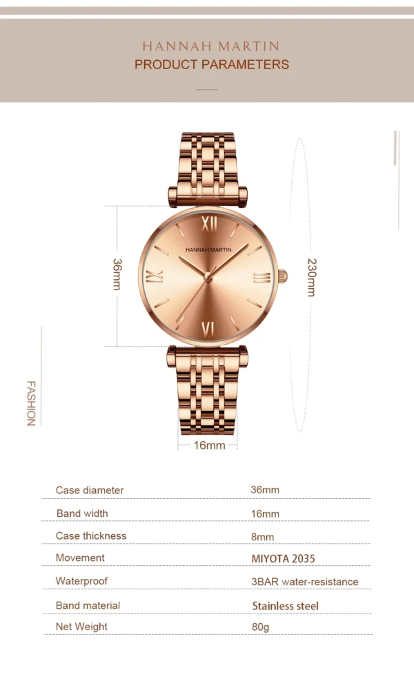 HANNAH MARTIN™ Elegant Women’s Watch – Stainless Steel Rose Gold Bracelet - Image 10