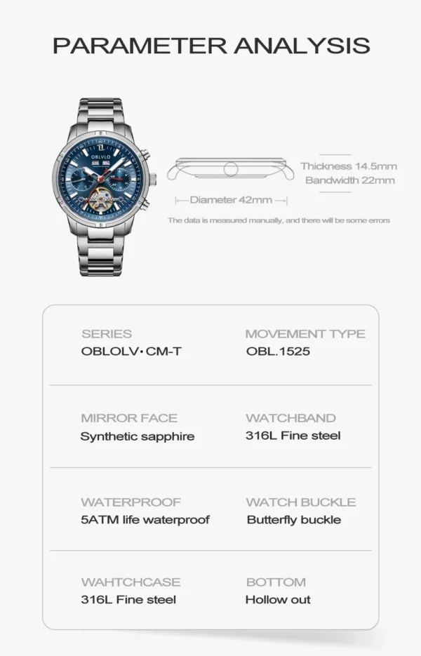 OBLVLO™ Tourbillon Automatic – Sapphire Skeleton Watch with Calendar & Week Display - Image 16