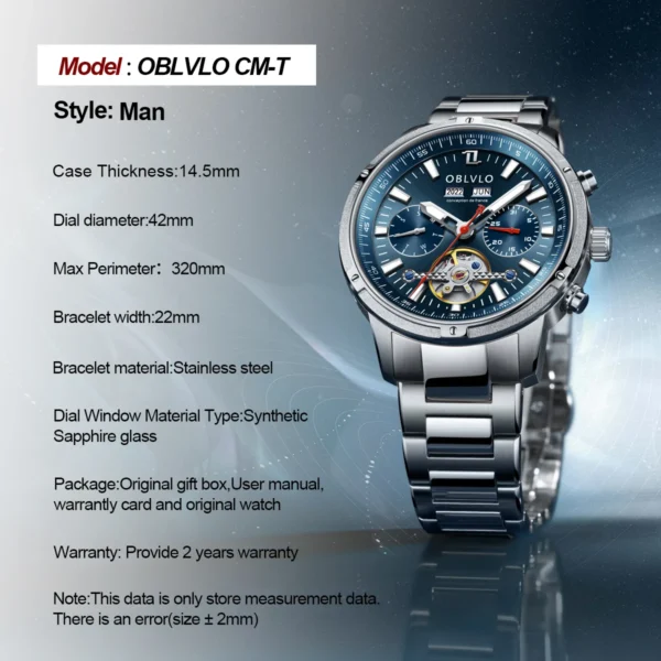 OBLVLO™ Tourbillon Automatic Chronograph – Stainless Steel Skeleton Watch - Image 5